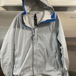 The North Face Light Grey Hooded  rain Jacket with Blue Trim